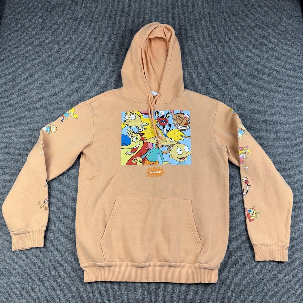 Nickelodeon Hoodie Mens Medium Orange Rugrats Hey Arnold Ren Stimpy Pullover